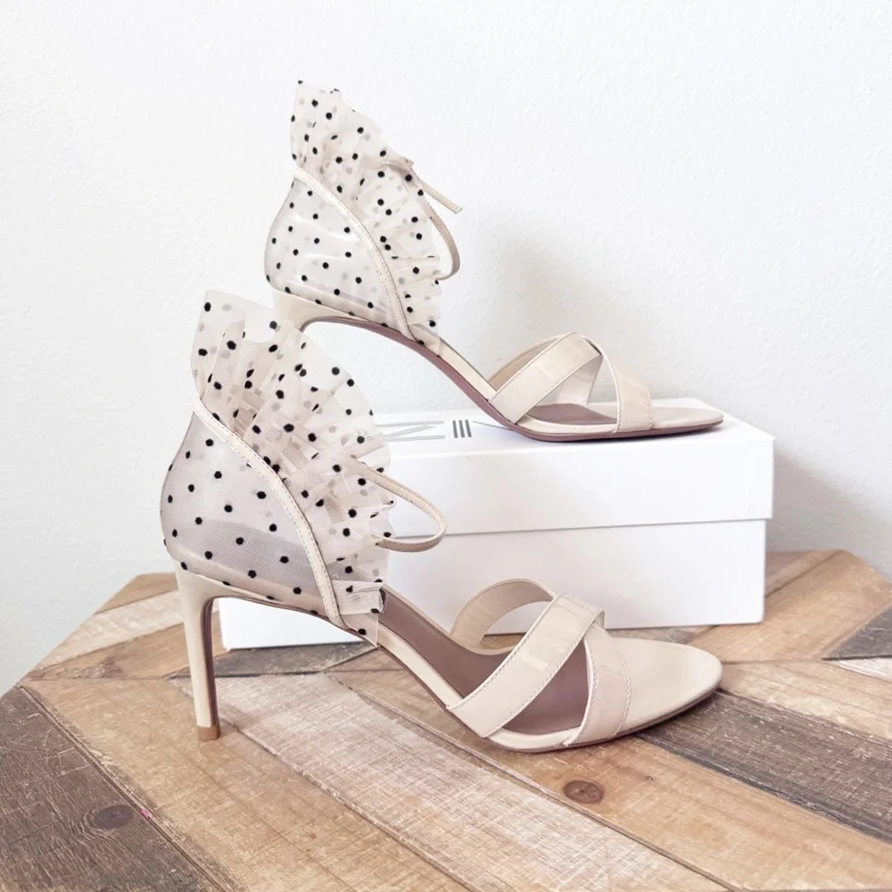 BCBGMaxazria Stella Sandal Cream Ruffle Polka Dot Heels - Picture 3 of 14